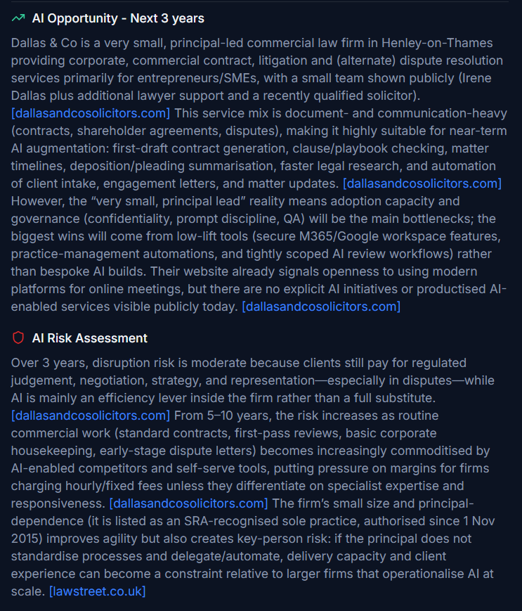 Detailed analysis view showing AI opportunity and risk assessment